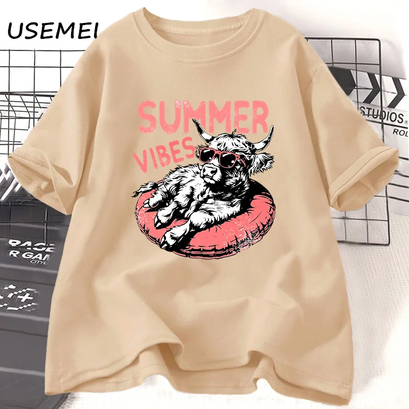 Летняя футболка Vibes дизайнерские футболки Highland Cow забавная Пляжная в стиле ретро