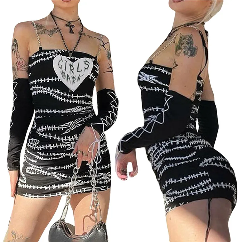 

Women’s Casual Chain Suspender Dress Fashion Thorns Print Skinny Dress with Arm Sleeves