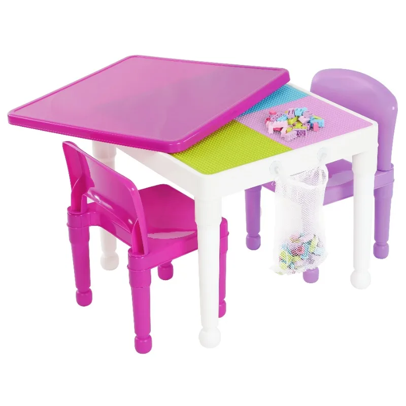 

Скромная Экипировка 2 в 1 детский пластиковый стол для активного отдыха и набор из 2 стульев, белый, розовый и фиолетовый