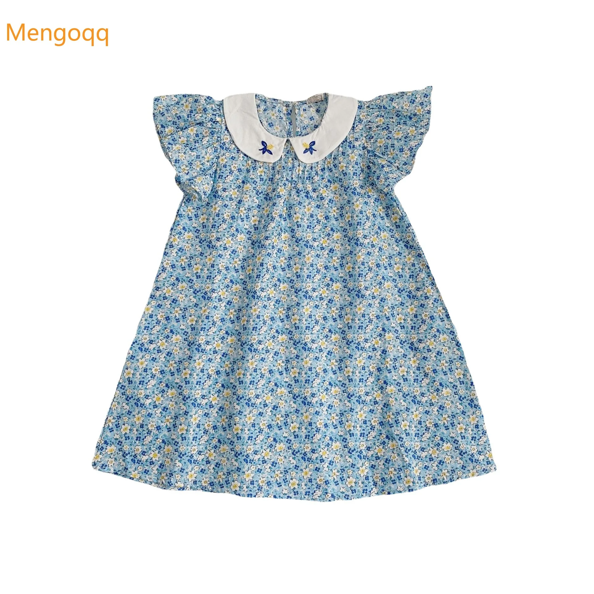 

Pretty Princess Summer Fly Sleeve Peter Pan Collar Flower Knee-length Dress Kids Baby Children Casual Clothing 18M-7Y