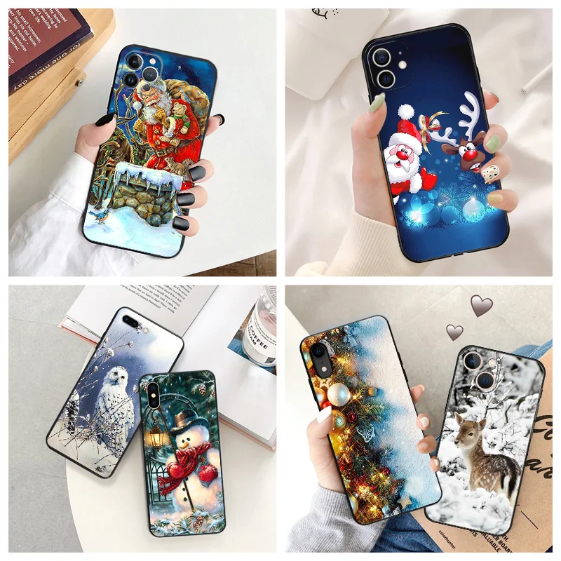 

Черный матовый противоударный чехол для телефона iPhone 14 12 13 Pro Max 11 Mini 7 8 6 6s Plus XS X XR SE, роскошный чехол со льдом, снеговиком, оленем, птицами
