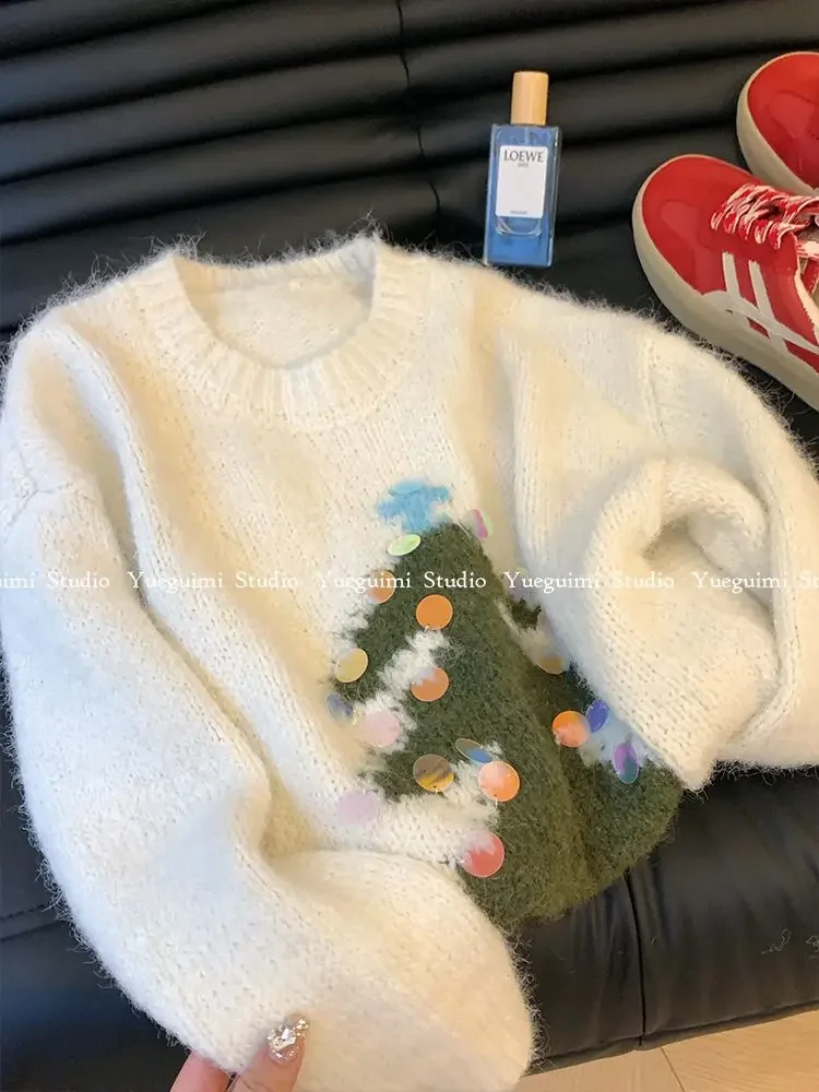 Korejepo Рождественский свитер с круглым вырезом и блестками женский новый