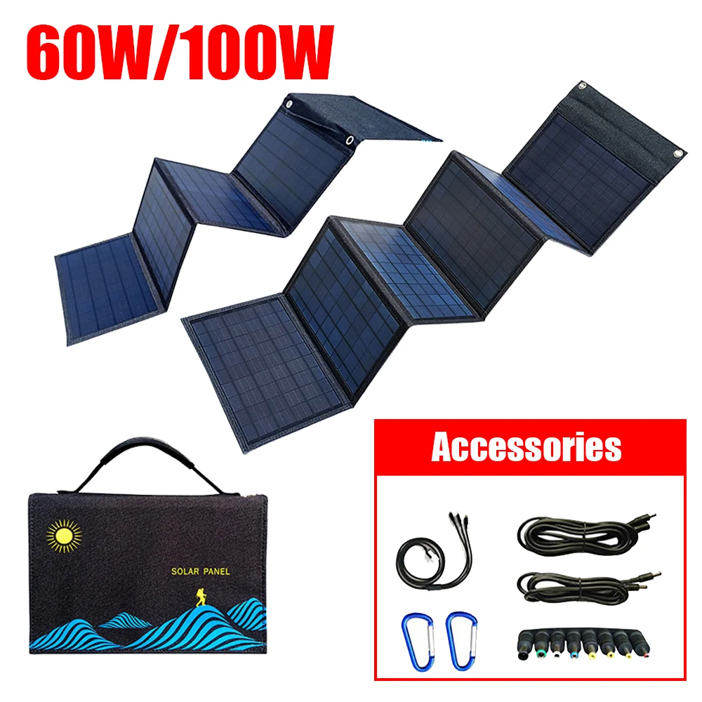 100W/60W Solar Panel Portable Folding Bag USB+DC Output Solar Charger Outdoor Power Supply for Mobile Phone Power Generator