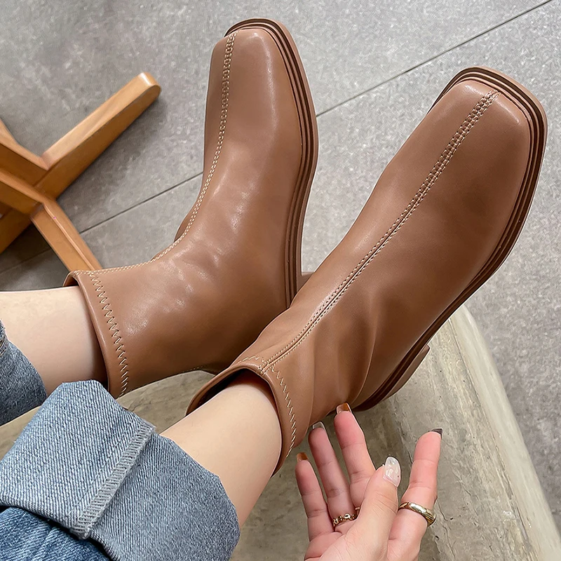

New 2022 Shoes Fashion Elegant Women Chelsea Boots Square Toe Female Outdoor Casual Zippers Modern Ladies Ankle Short Boots