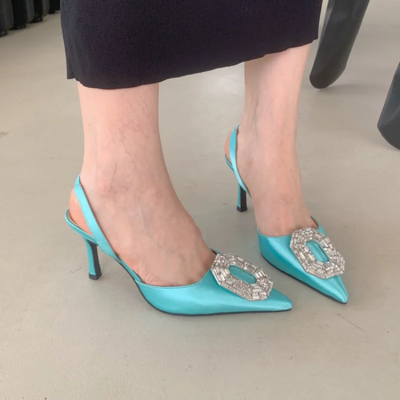 

Rhinestone Women's Pumps Pointed Toe Slingback Thin-heeled Female Sandals 2023 New Fashion Crystal Shallow Mouth Ladies Shoes