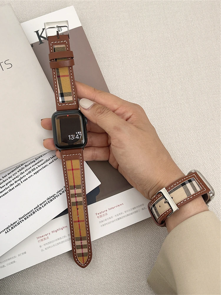 

Plaid Canvas Leather Watch Strap For Apple Watch Band 41mm 40mm 38mm 42mm 44mm 49mm For iwatch Series SE 8 6 5 4 3 2 Girl Band