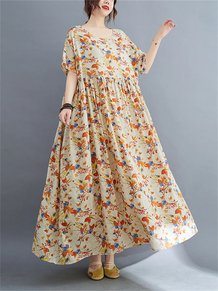 

2022 летние хлопковые винтажные цветочные платья с коротким рукавом для женщин, повседневные свободные элегантные женские платья, женская од...