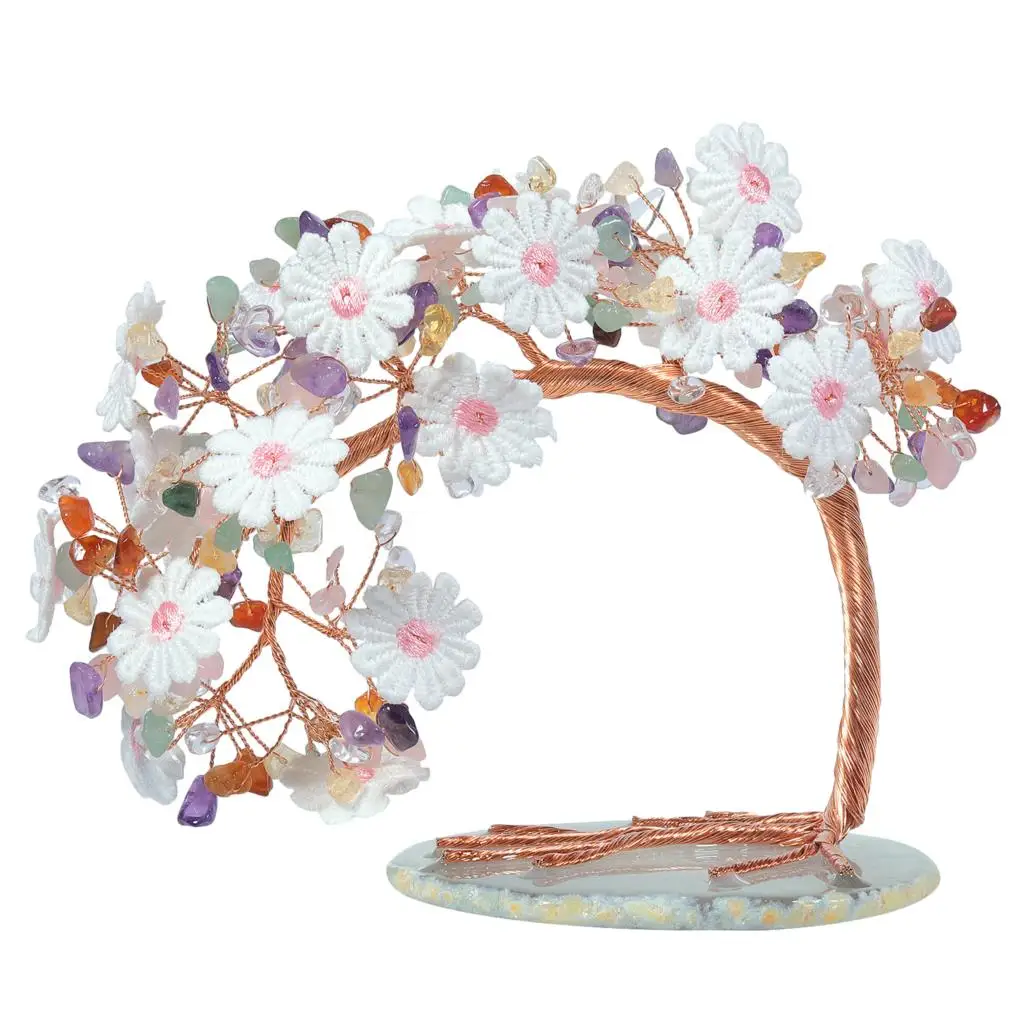 Natural Amethyst Crystal Stone Tree Embroidered Lace Flower Luck Money Tree With Agate Slice Base Desktop Decor Home Ornaments