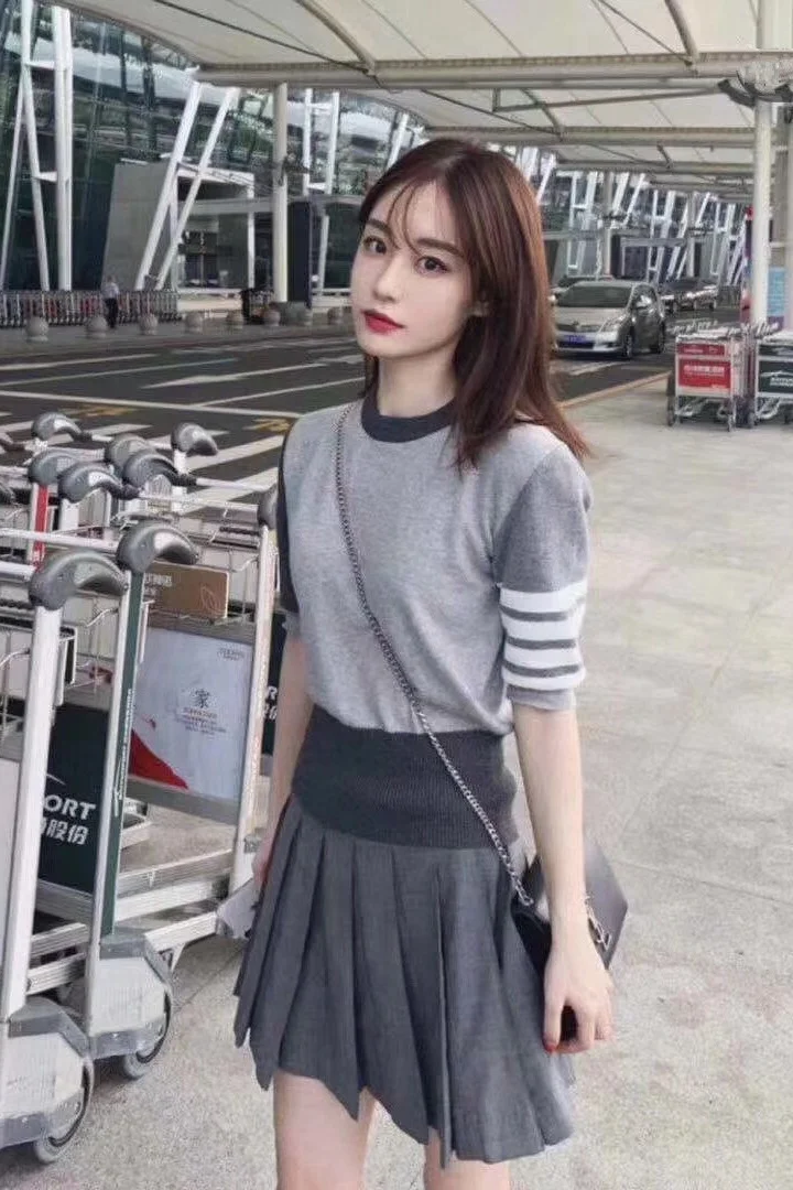 

Spring and summer TB color-blocking round neck pullover short-sleeved four-bar wool sweater women's slim T-shirt