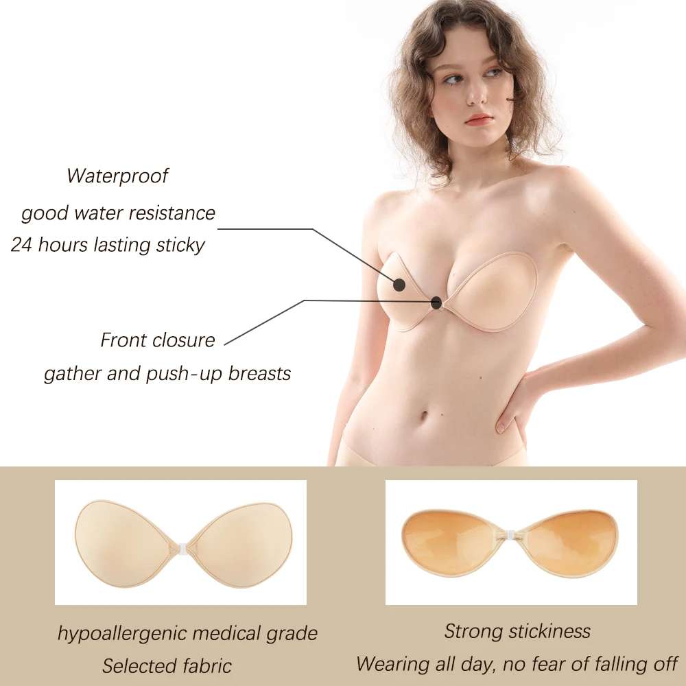 

Aedo Skin Black Sponge Self-adhesive Invisible Bra Women Sticky Breathable Reusable Front Clasp Push-up Elegant Nude Bra 907A