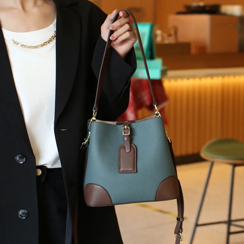 

Genuine Leather Women Bucket Bag Fashion Handbag Tote Bag Large Capacity Shoulder Messenger Bag Caual Crossbody For Lady