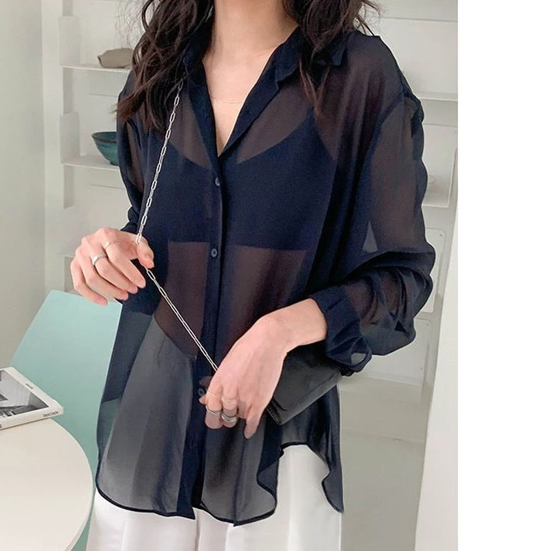 Chiffon Thin Blouse Ladies Summer New Solid Color Long Sleeve Loose Simplicity Shirt Tops Casual Fashion Women Clothing