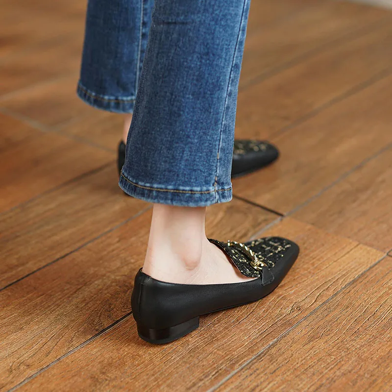 Mature Office Metal Bow Knot Ladies Lafers Flats Square Toe Autumn 2022 Slip On Low Woman Chunky Heels Pumps Business Shoes Size