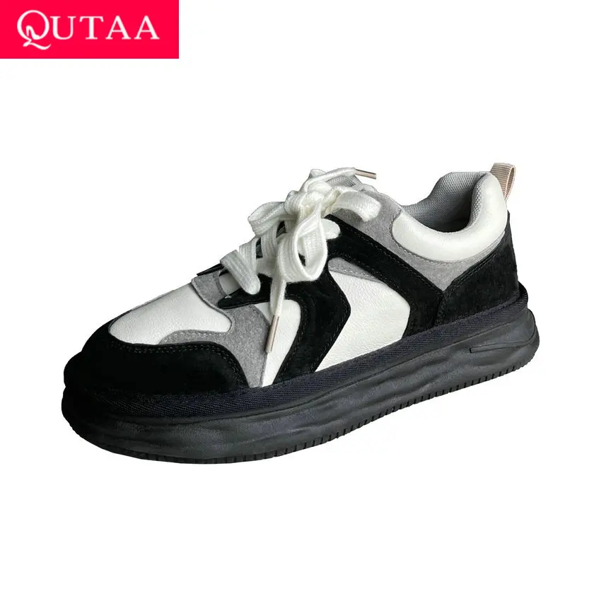 

QUTAA 2022 New Spring Genuine Leather Kid Suede Round Toe Mixed Color Women Sneakers Sport Shoes Med Heel Women pumps Size 35-40