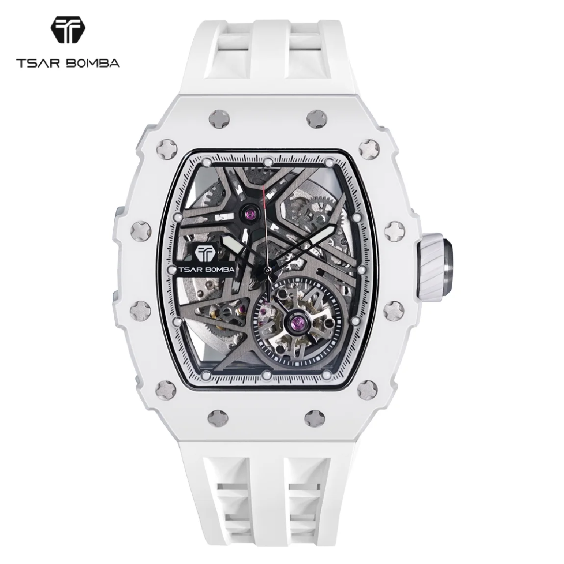 

TSAR BOMBA 2022 New Automatic Watch Men Water Resistant Luxury White WristWatch Skeleton Clock Tonneau Mechanical Watch for Men