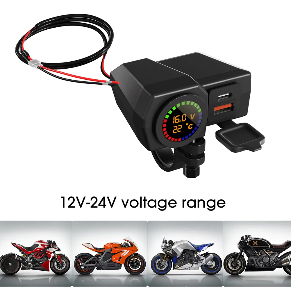 

USB Motorcycle Charger with Voltmeter Thermometer Dual Ports Motorbike Handlebar Power Supply Adapter for Mobile Phone GPS