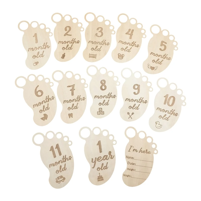 

H37A 13 Pcs/Set Baby Wooden Cards Newborn Memorial Cards Baby Feets Shaped Monthly Recording Birth Anniversary Cards Gifts