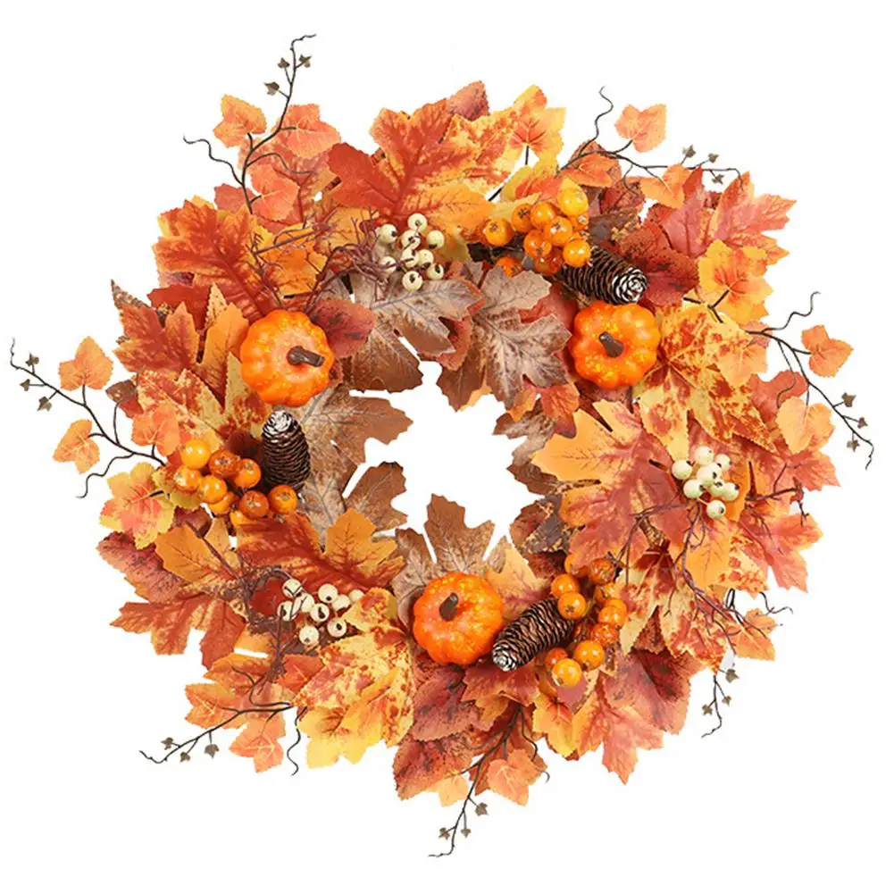 

50cm Autumn Wreath Christmas Decoration Artificial Maple Leaves Pumpkin White Fruits Tree Root Garland Halloween Wreath Decor