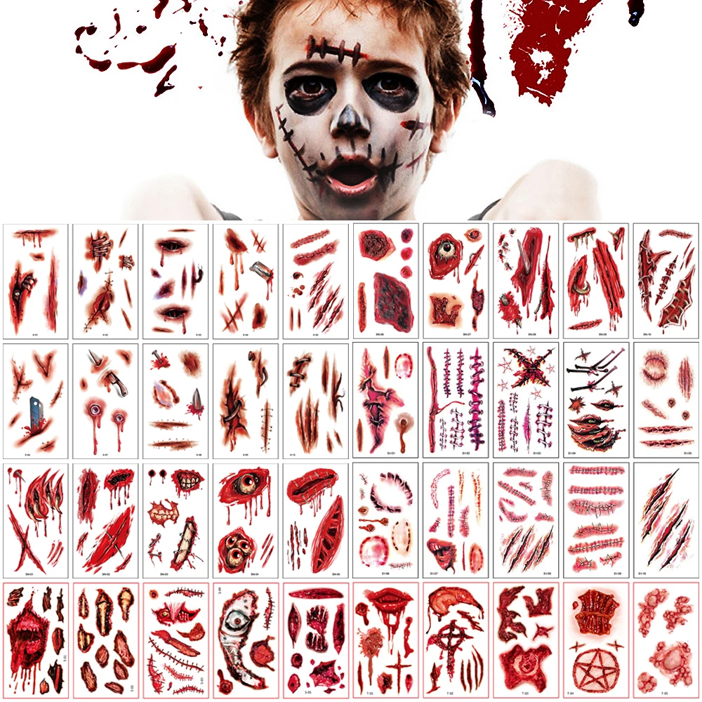 

10Sheets Halloween Bloody Wound Tattoo Stickers Face Makeup Scar Blood Spider Temporary Tattoos Horror Halloween Party Decor