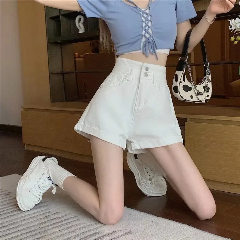 Sexy Denim Shorts For Women 2023 Summer New High Waisted Loose Shorts Double Button Cotton Shorts White Wide Leg Hot Pants S-5XL