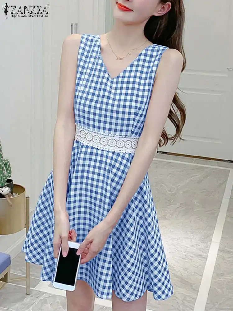 

Women Sexy Lace Insert Short Robe ZANZEA Fashion Plaid Mini Dress 2023 Summer Sleeveless Sundress Elegant Checked Tank Dress
