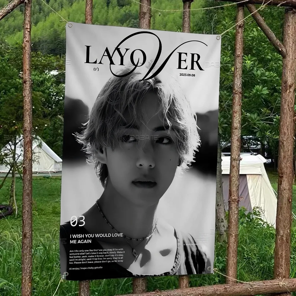 Singer Kpop K-Kim T-Tae H-Hyung V Layover Large Size Flags Printing Patterns Interesting Birthday Party Decorations Banner