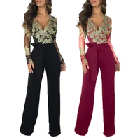 new ladies casual ladies water soluble lace v neck long sleeve wide leg jumpsuit