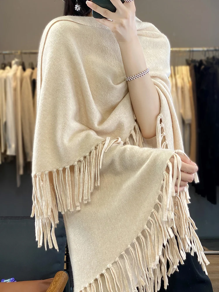 Осенне-зимний вязаный шарф из чистой шерсти 100% шаль Женская с большой кисточкой