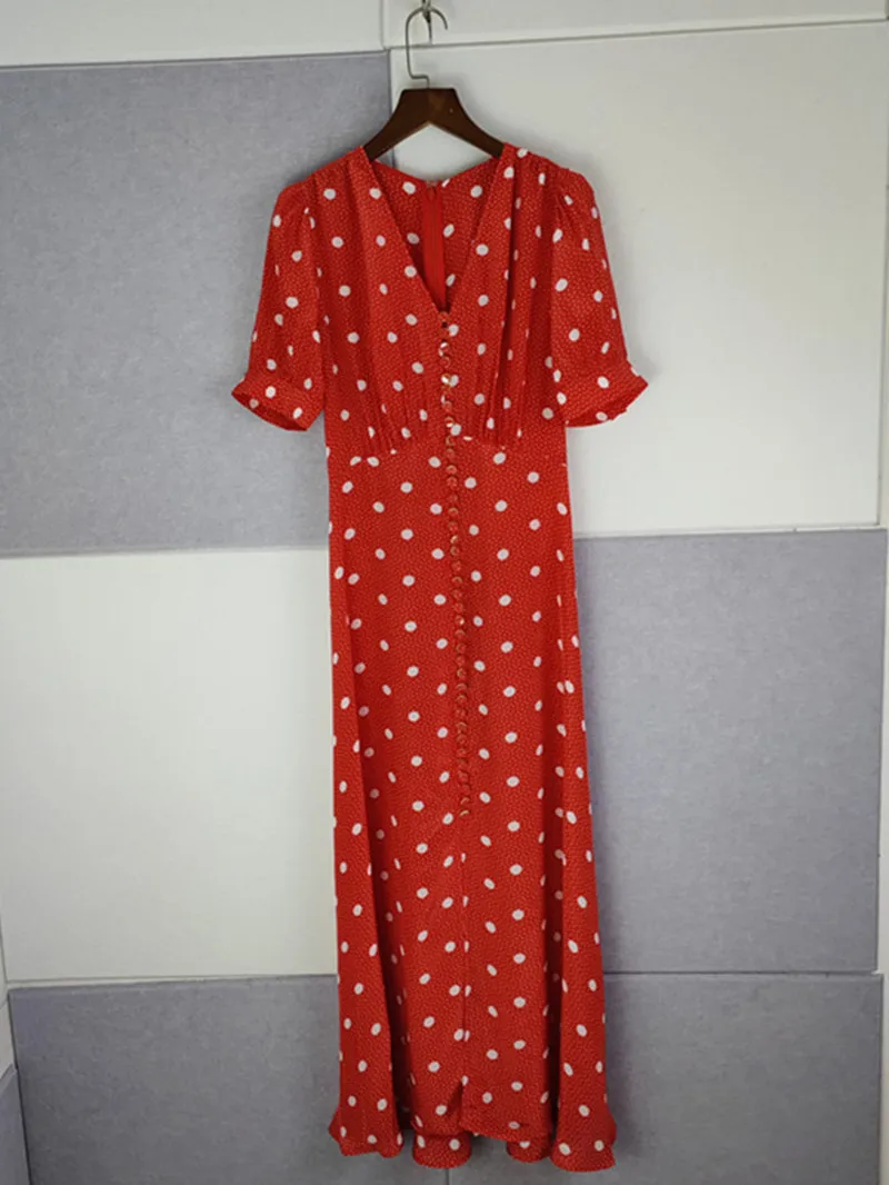 

Retro Polka Dot Print Women's Red Dress Single Breasted Short Sleeve Mid-calf Robe for Female 2022 Summer new
