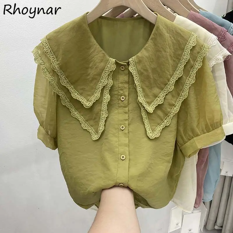 

Женские рубашки с воротником «Питер Пэн», Элегантная модная блузка во французском стиле, с коротким рукавом, свободного покроя, милый элега...