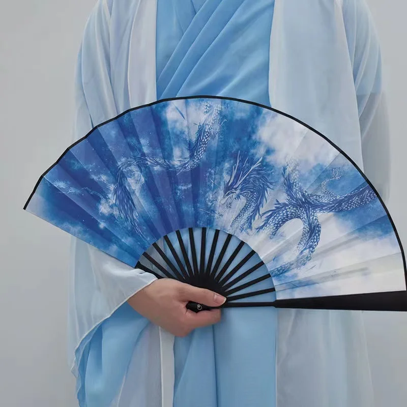 

Большой складной бамбуковый веер Guanyin в форме сердца, сутра, золотой дракон, прочный властительный Ручной Веер, домашний декор 12,97 дюйма