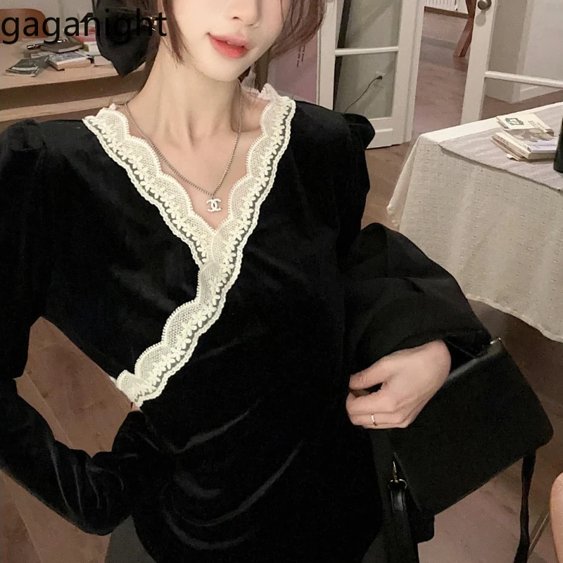 Gaganight женская черная кружевная бархатная рубашка в стиле ретро с v-образным