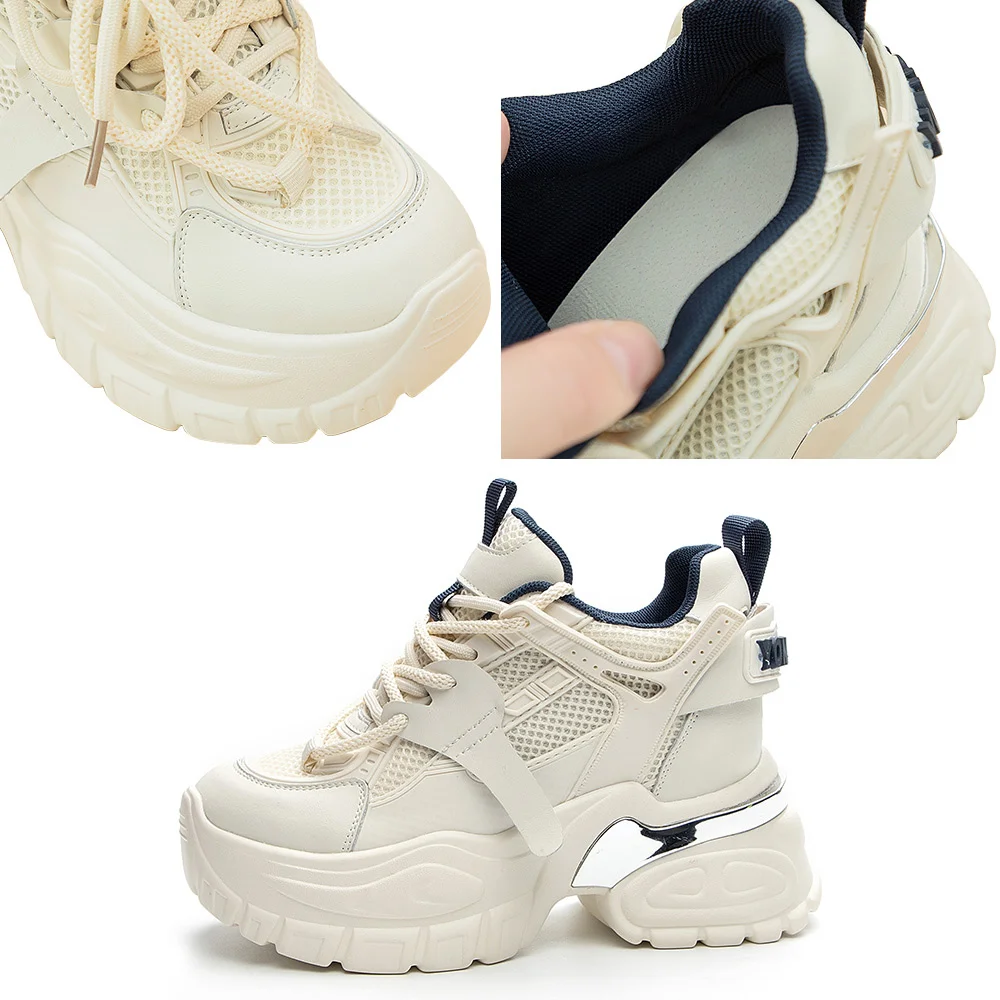 Somiliss Women Casual Sneakers Genuine Leather 10cm Thick Heel Lace-Up Round Toe Fashion Platform Ladies Chunky Sneaker Shoes