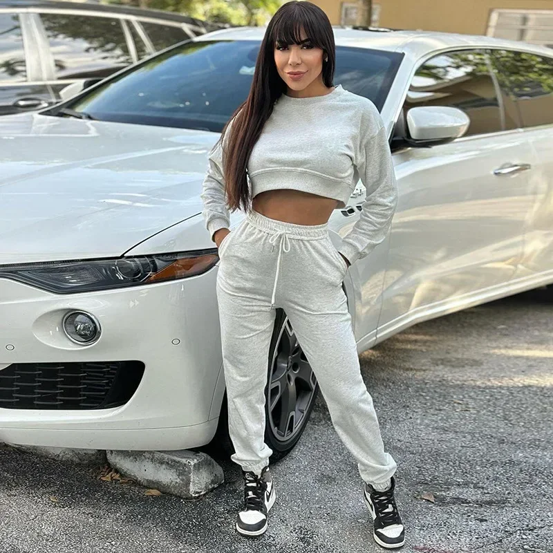 

Женский Осенний однотонный комплект из 2 предметов, Женский пуловер с длинным рукавом и брюки-султанки, облегающий костюм, уличная одежда