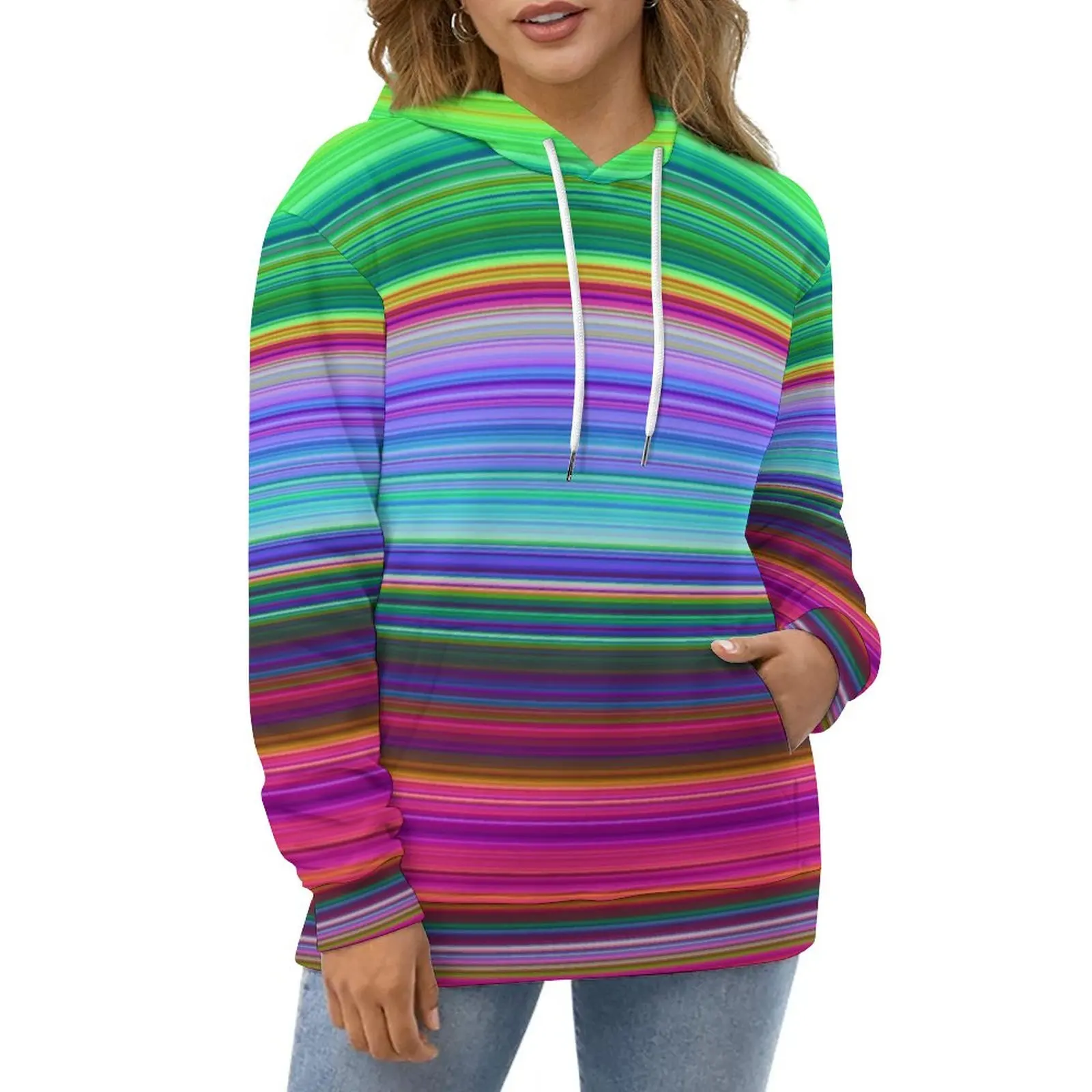 

Colorful Striped Hoodies Spring Rainbow Print Hip Hop Oversize Hoodie Female Long-Sleeve Y2k Custom Casual Sweatshirts