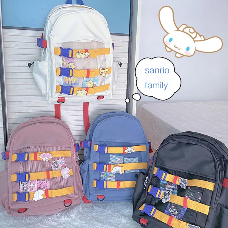 

Sanrio Cartoon Backpack Kuromi Cinnamoroll My Melody Kawaii Student Schoolbag Pompom Purin Fashion Fresh Versatile Travel Bag