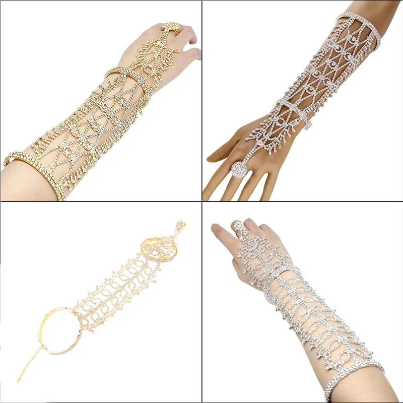 

Rhinestone Arm Cuff Armlet Bracelet and Ring Wedding Bride Leaves Fringe Jewelry Hand Chain Bangle Belly Dance Accessory
