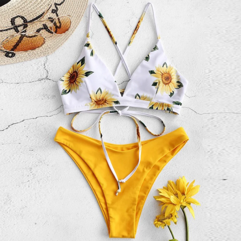 

Sunflower Printed Bikini Set Sexy Swimwear Women 2023 Mujer Push Up Padded Biquini Bathers Bandage Bathing Suit Swimsuit Bikini