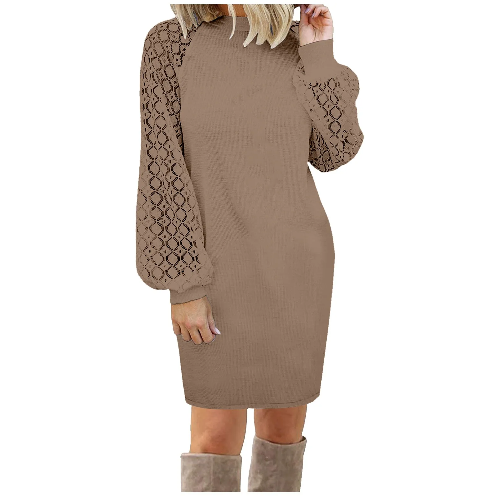 

NEW 2022 Lace Stitching Knit Dress Office Lady Elegant Dress Solid Wrap Hip Pullover Dress Women Long Sleeve O Neck Casual Loose