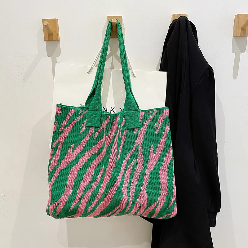 

knitted Handbags for Women Shoulder Bags Female Soft Environmental Storage Reusable Girls Small and Large Shopper Totes Bag