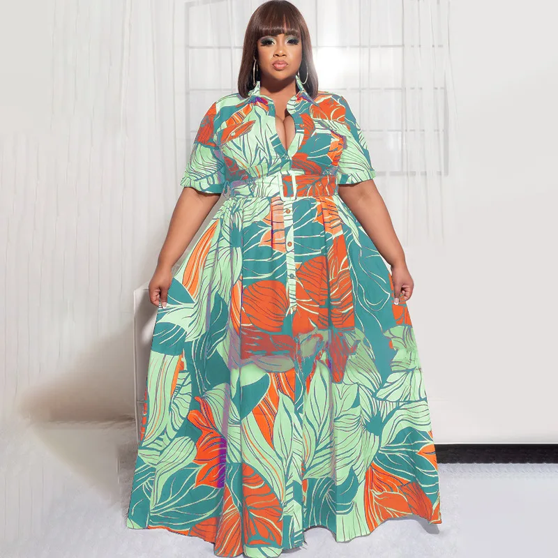 

Plus Size Print Loose Dress Women Summer Short Sleeve Button Turn Down Collar Fit and Flare Beach Maxi Dresses Women Outfit
