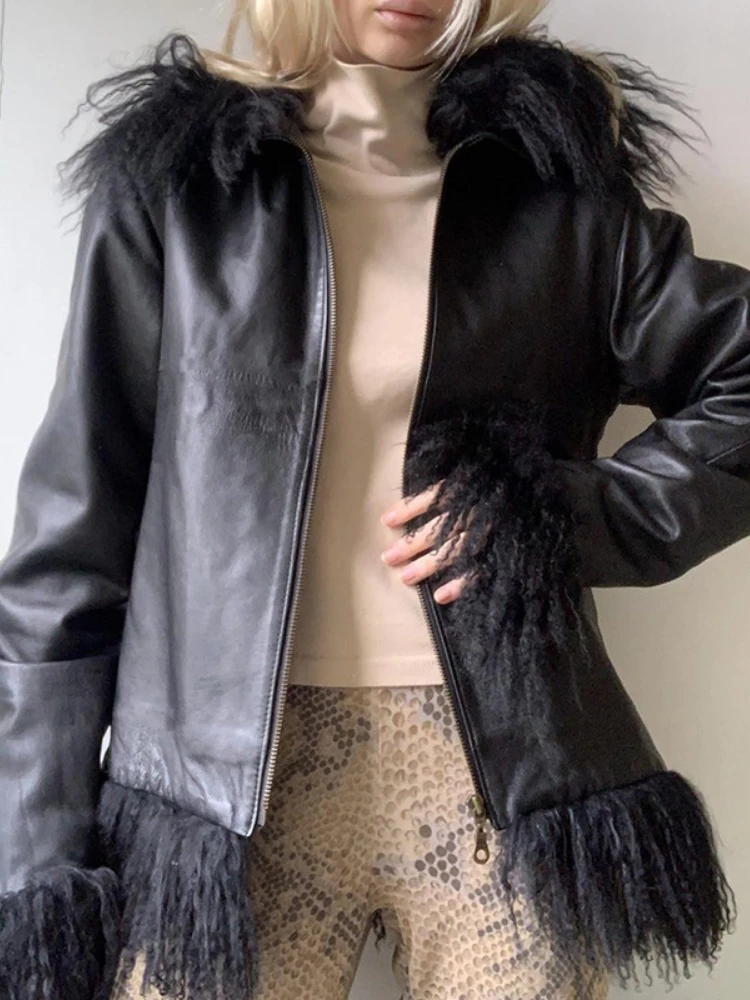 Fall Winter New Style Tassel Fur Stitching Faux Leather Faux Leather Jacket Black Zipper Loose Sweatshirt Casual Jacket fur coat