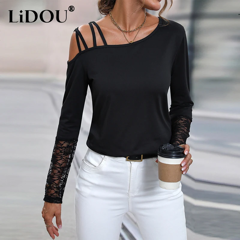

Spring Autumn Lace Spliced Tees Ladies Long Sleeve Casual Fashion Hollow Out Pullover Top Women All-match T-shirt Female Clothes