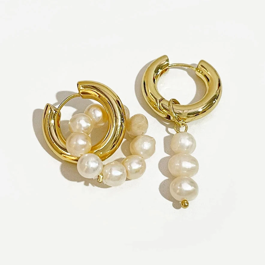 

Peri'sBox Asymmetric Natural Freshwater Pearl Hanging Earrings Double Circle Dangle Earrings French Unusual French Drop Earrings