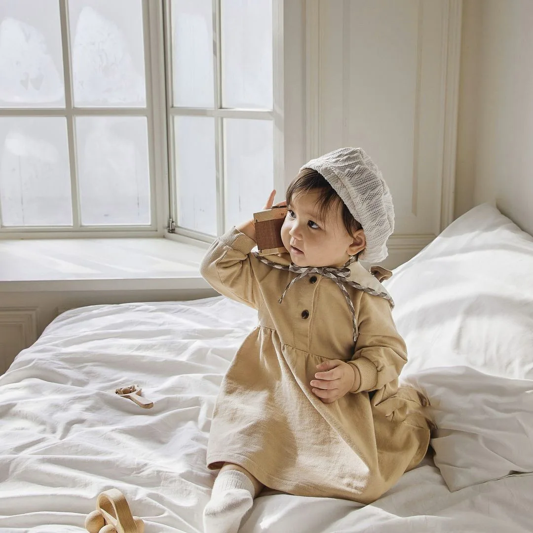 

2 шт., детское хлопковое платье с длинным рукавом и шалью с мультяшным медведем