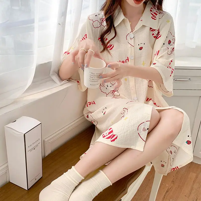 Cute nightgown female summer leisure big yards dress with short sleeves bubble cotton pajamas sleep long the shirt dress