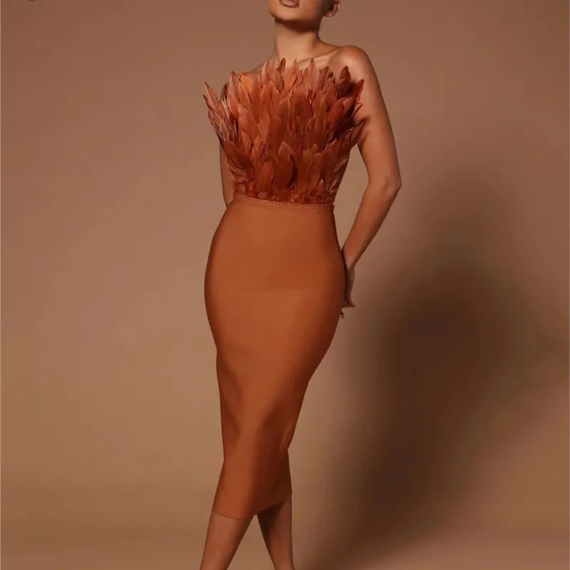 

Summer Fashion Women Sexy 2022 Elegant Evening Strapless Backless Brown Hot Pink Feather Bodycon Bandage Dress Club Party Dress