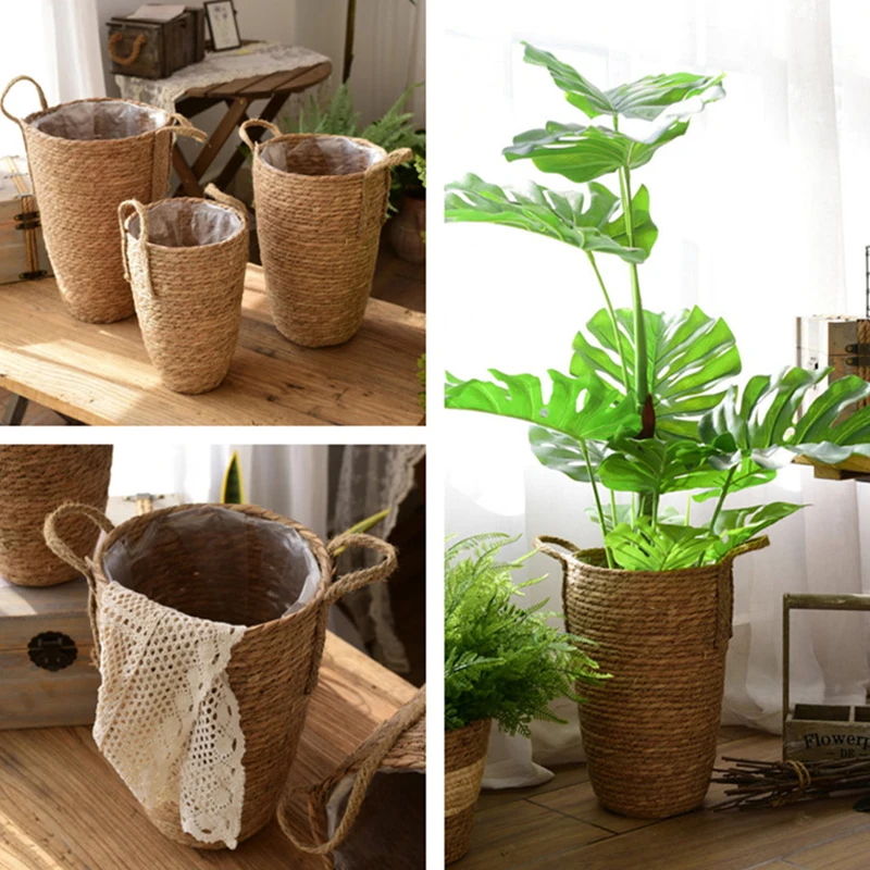 

Handmade Creative Rattan Straw Flowerpot Seagrass Woven Storage Basket Planter Straw Plant Flower Pot Laundry Decorative Basket