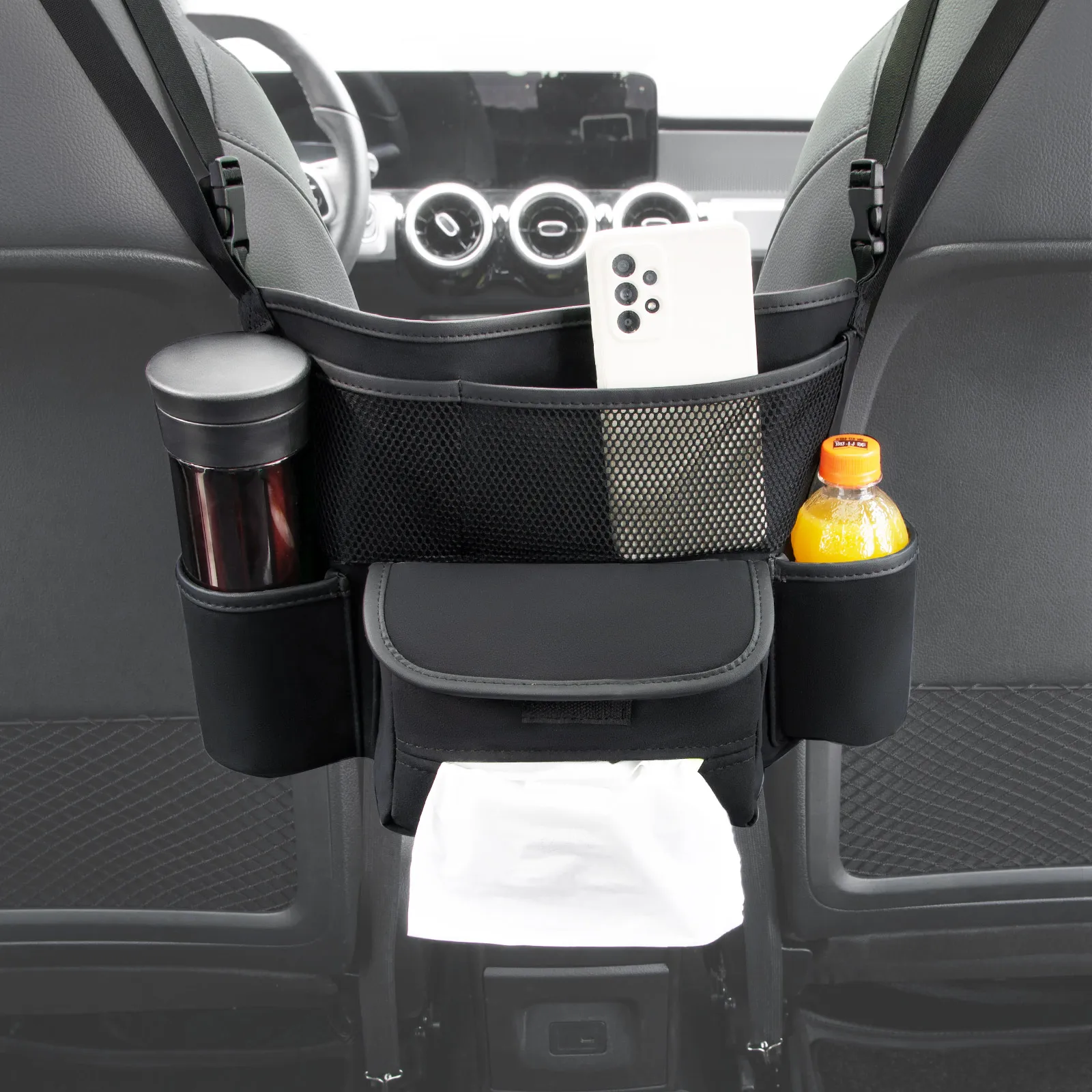 

Car Handbag Holder Between Seats Suede Large Capacity Purse Holder Center Console Organizers Document Phone Storage Bag Mesh Net