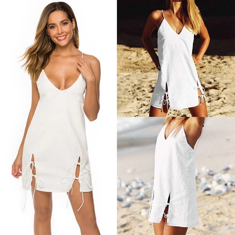 

Summer Women's Seaside Beach Dress Sexy Backless Strapped Vest V-Neck Lace-Up Bandage Cloth Casual Dress